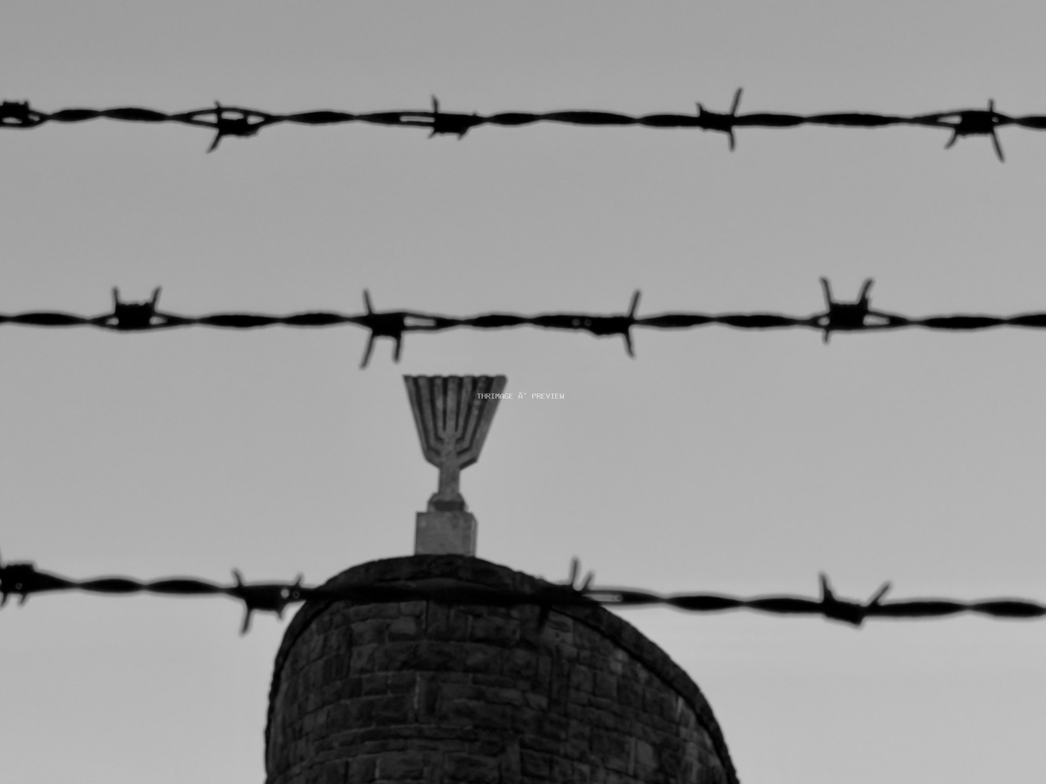 Stone memorial topped with a menorah-like monument seen behind three strands of barbed wire.