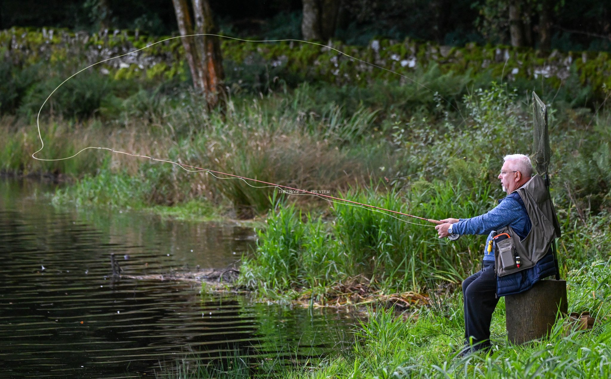 Older man seated beside a wooded pond, casting a fly-fishing line over the water.