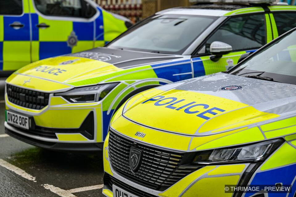 Several marked British police vehicles parked closely together, with yellow and blue livery visible.