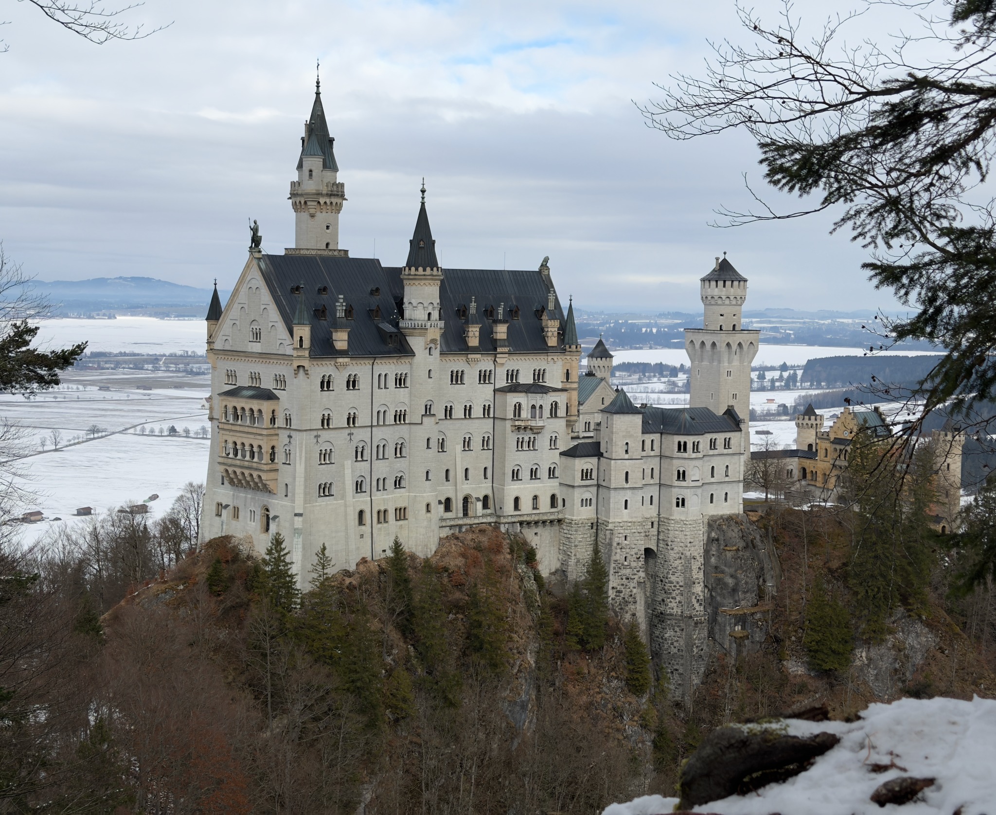 Neuschwanstein Castle overlooking snow-covered fields and distant hills, framed by winter trees.