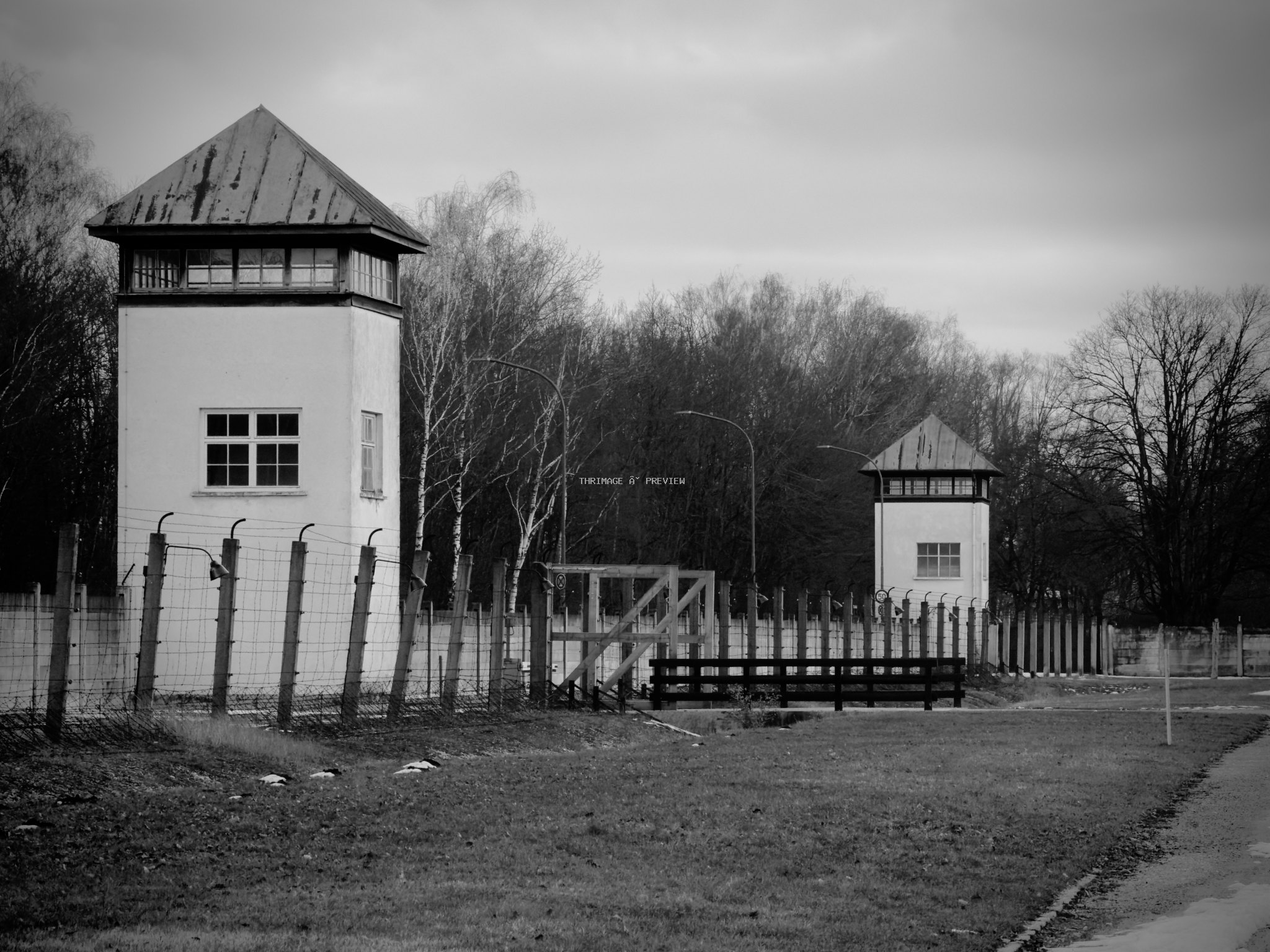 Two guard towers behind barbed-wire fencing beside a gated perimeter and leafless trees